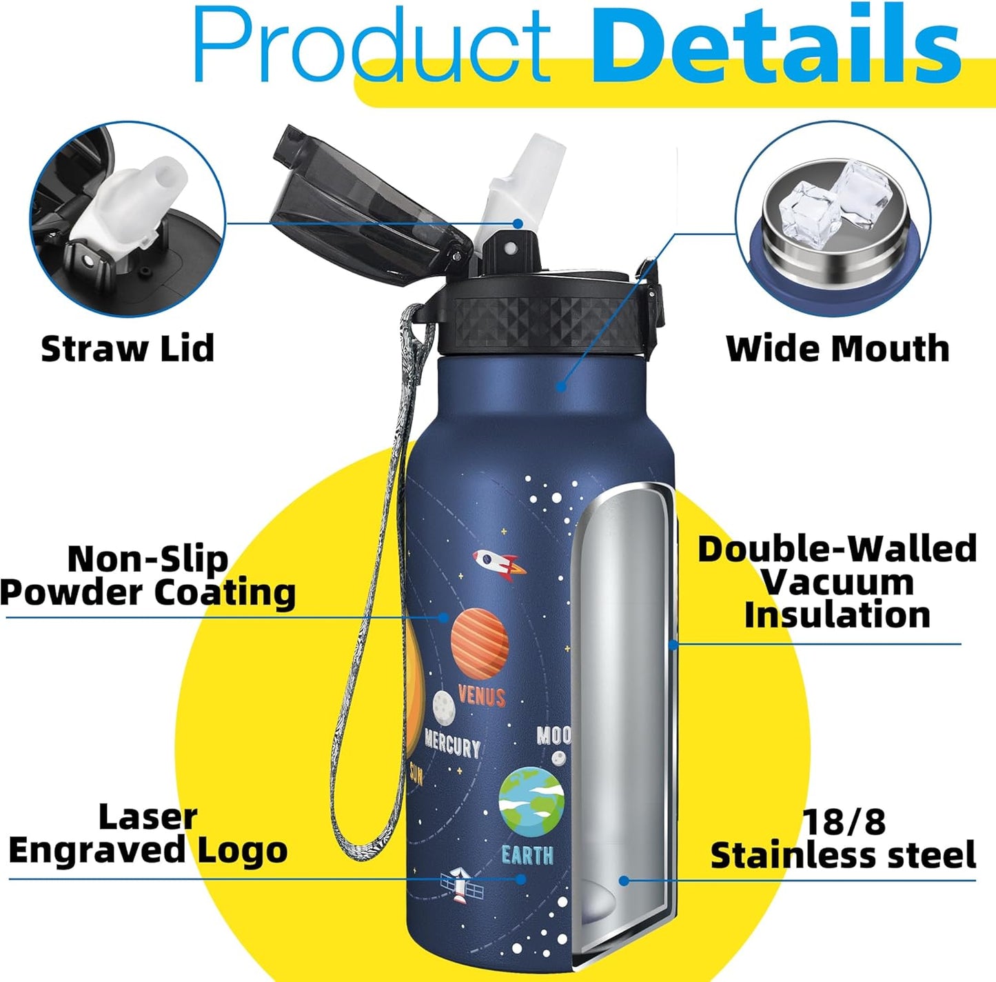 Han's Bottle Sports Water Bottle - 24 Oz, Straw Lid, Leak Proof, Vacuum Insulated Stainless Steel, Double Walled, Thermo Mug,Black