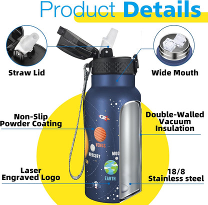 Han's Bottle Sports Water Bottle - 24 Oz, Straw Lid, Leak Proof, Vacuum Insulated Stainless Steel, Double Walled, Thermo Mug,Black