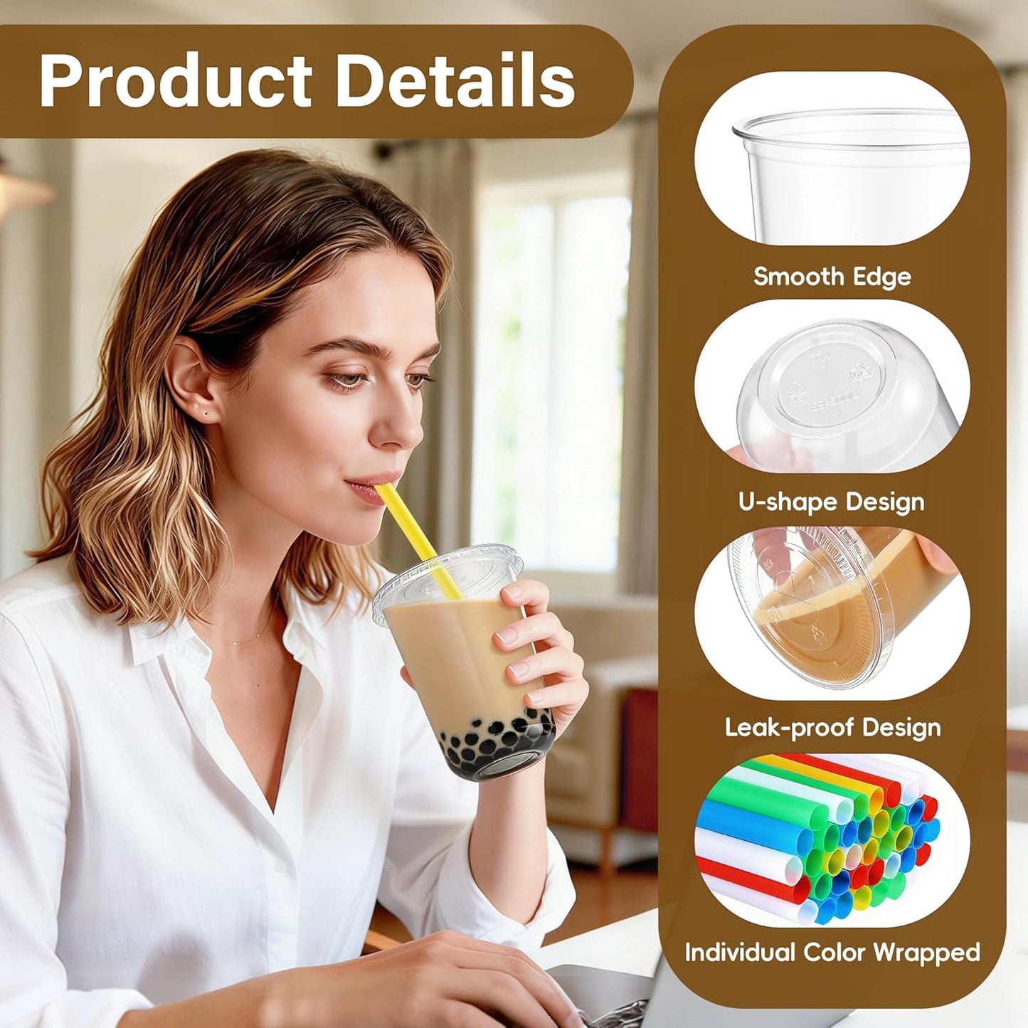 KesaPlan 50 Pack 16oz Clear Plastic Cups with Lids & Colorful Wide Straws, Disposable Smoothie Cup, Round Bottom To Go Drinking Cup for Bubble Tea, Iced Coffee, Milkshakes, Party Picnic Supply