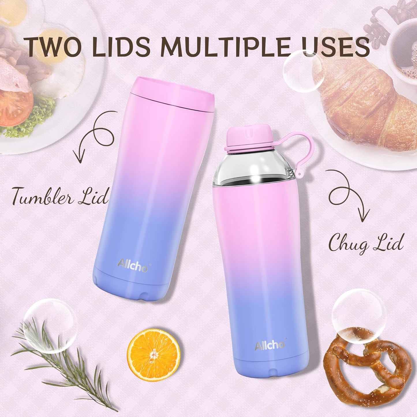 Allcho Insulated Water Bottle for Women, 18oz Stainless Steel Leak Proof Tumbler with 2 Lids, BPA-Free Tritan Chug & Straw Lid, Double Wall Vacuum Flask