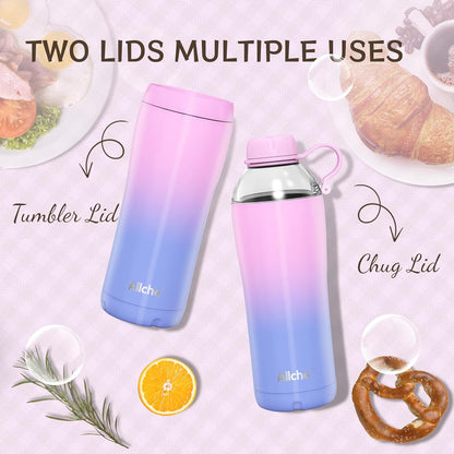 Allcho Insulated Water Bottle for Women, 18oz Stainless Steel Leak Proof Tumbler with 2 Lids, BPA-Free Tritan Chug & Straw Lid, Double Wall Vacuum Flask