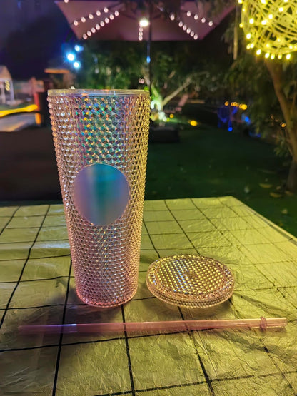 Studded Tumbler With Straw Tumblers With Lids And Straws Iridescent Blue Cups Water Cup With Straw And Lid BPA-Free Double-Wall Plastic for Iced Coffee Cups or Water 24 Oz