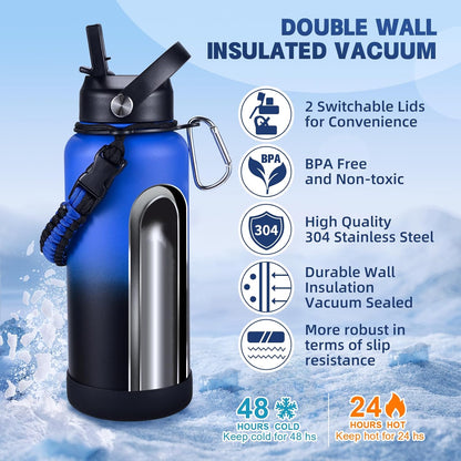 Insulated Water Bottle, 32 oz Stainless Steel Wide Mouth Water Bottles with 2 Leak Proof Lid and Paracord Handle, Double Wall Vacuum Insulated Sports Water Bottle, Purple Black