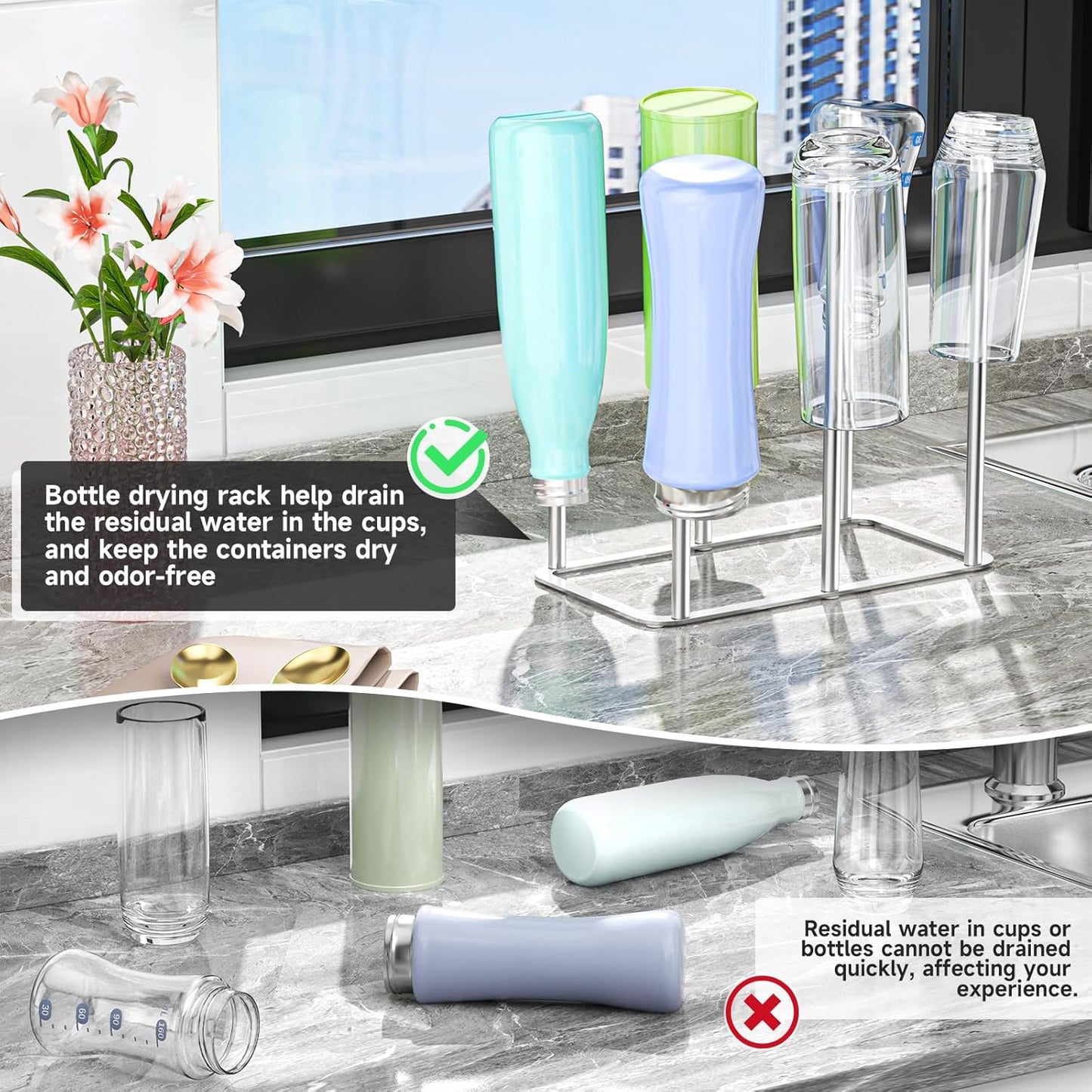 Water Bottle Drying Rack Reusable Bottle Rack Dryer Kitchen Stand Holder Metal Countertop Baby Bottle Drying Rack Water Cup Drying Rack for Plastic Bags, Bottles and Cups (Sliver, Small)
