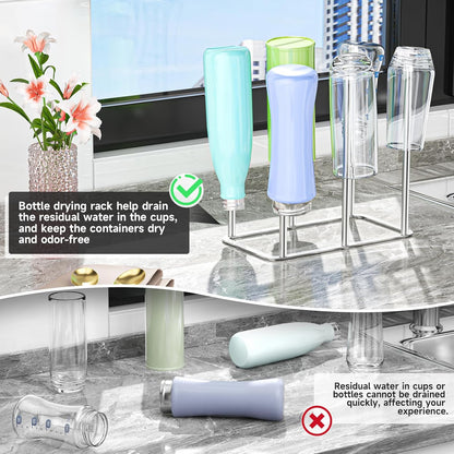Water Bottle Drying Rack Reusable Bottle Rack Dryer Kitchen Stand Holder Metal Countertop Baby Bottle Drying Rack Water Cup Drying Rack for Plastic Bags, Bottles and Cups (Sliver, Small)