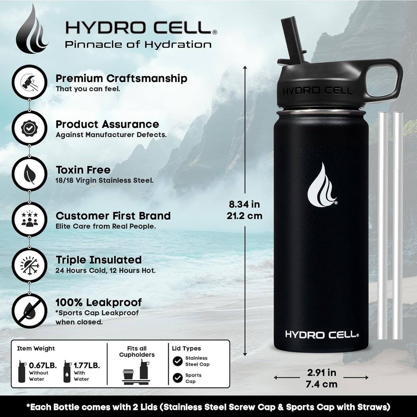 HYDRO CELL Stainless Steel Insulated Water Bottle with Straw - For Cold & Hot Drinks - Metal Vacuum Flask with Screw Cap and Modern Leakproof Sport Thermos for Adults (Neon 18oz)