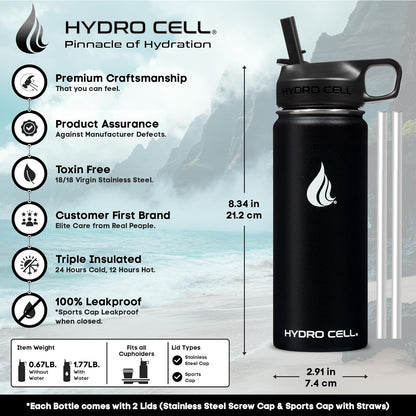 HYDRO CELL Stainless Steel Insulated Water Bottle with Straw - For Cold & Hot Drinks - Metal Vacuum Flask with Screw Cap and Modern Leakproof Sport Thermos for Adults (Neon 18oz)