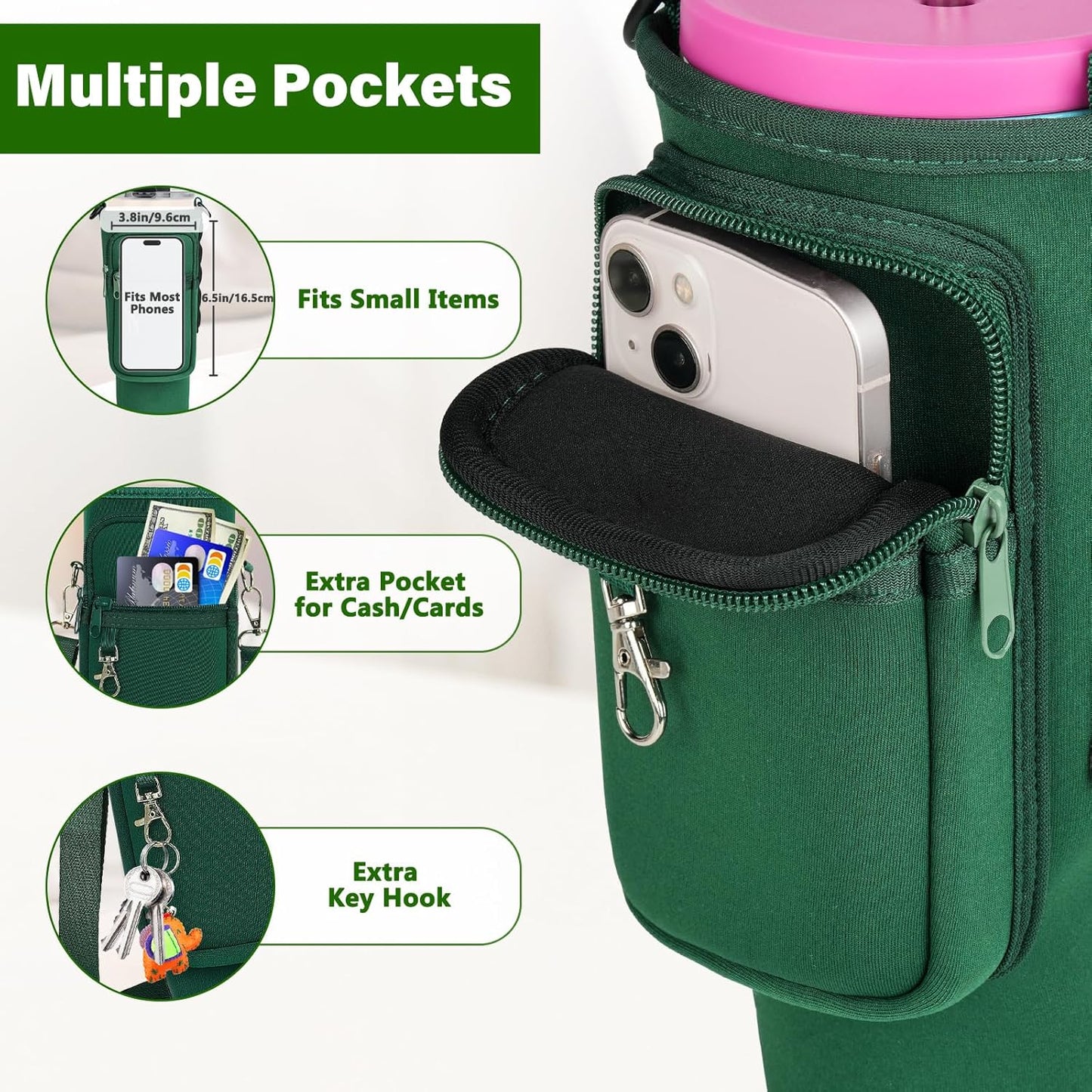 Magnetic Water Bottle Carrier Bag Compatible with Stanley/Meoky 40 oz Tumbler with Handle,Water Bottle Holder Pouch with Adjustable Shoulder Strap & Phone Pocket Fits for Stanley Cup Accessories