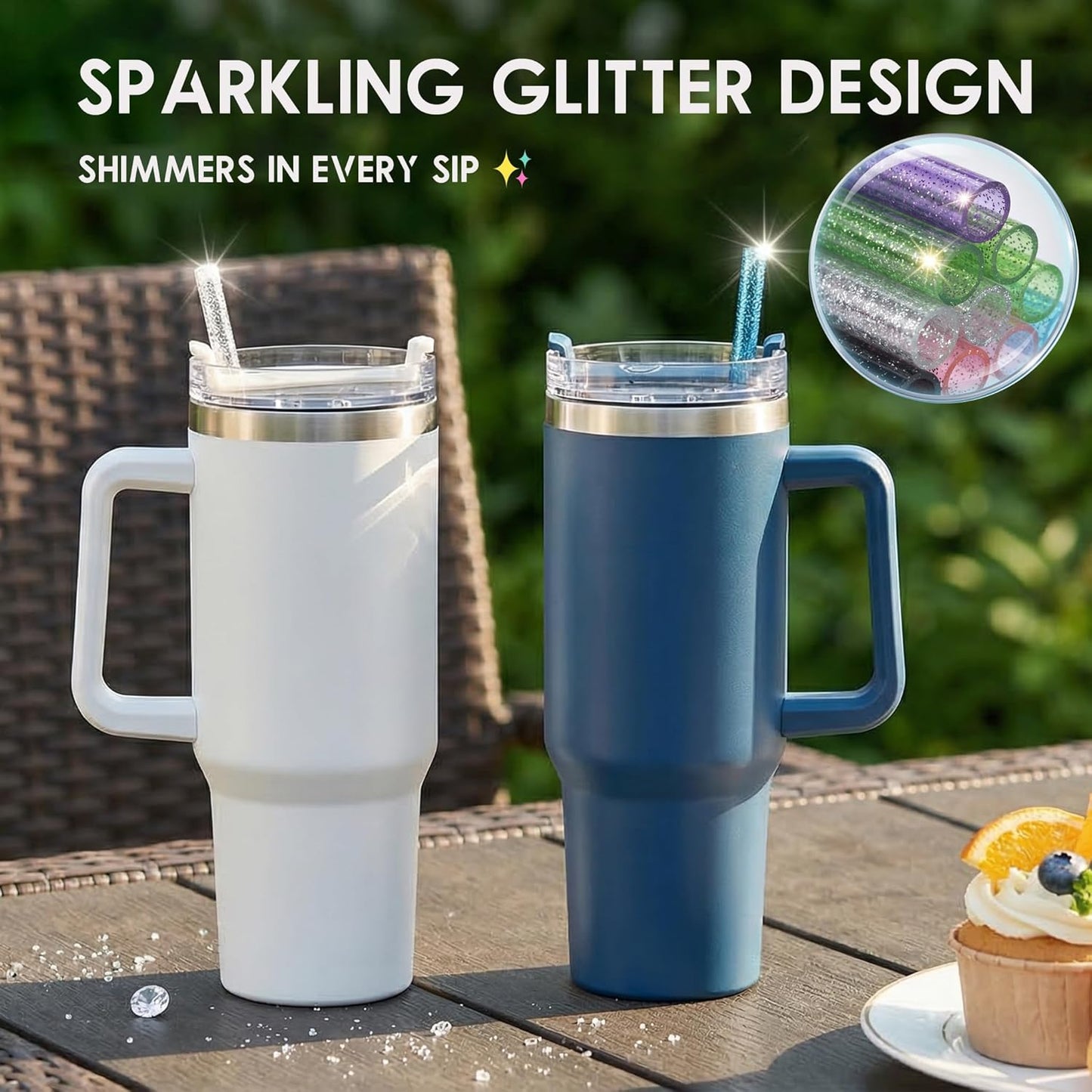 12 Pack Replacement Glitter Straws and Covers for 40 oz Stanley Adventure Travel Tumbler Cup, Reusable Glitter Straws with Cleaning Brush, Compatible with 40oz 30oz 20oz 14oz Stanley Water Jug, 12inch