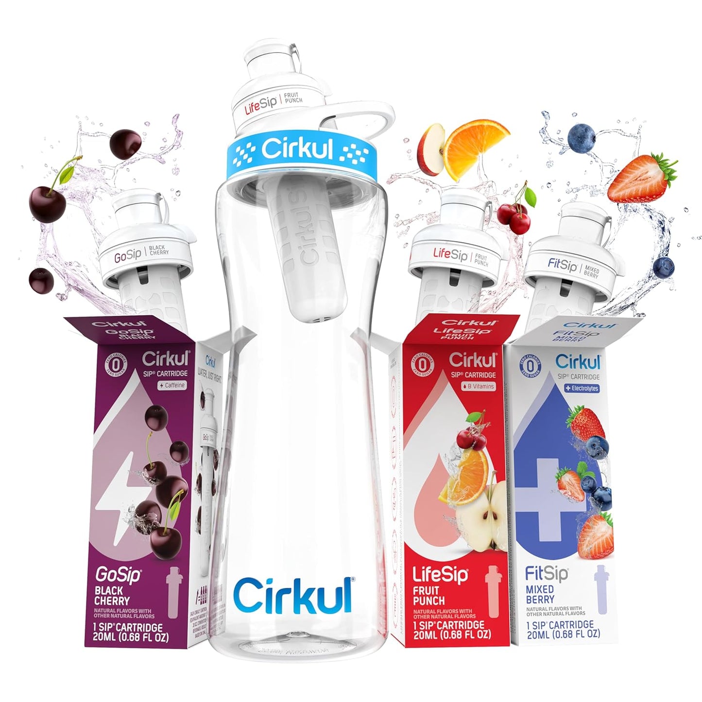 Cirkul 22oz. BPA-Free Plastic Water Bottle Starter Kit with Blue Lid, 2 Flavor Cartridges (1 LifeSip Fruit Punch, 1 FitSip Mixed Berry) No Sugar, Zero Calorie Drink Mix