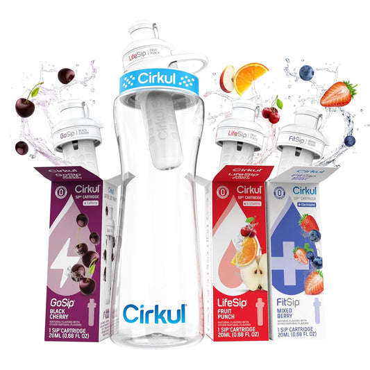 Cirkul 22oz. BPA-Free Plastic Water Bottle Starter Kit with Blue Lid, 2 Flavor Cartridges (1 LifeSip Fruit Punch, 1 FitSip Mixed Berry) No Sugar, Zero Calorie Drink Mix