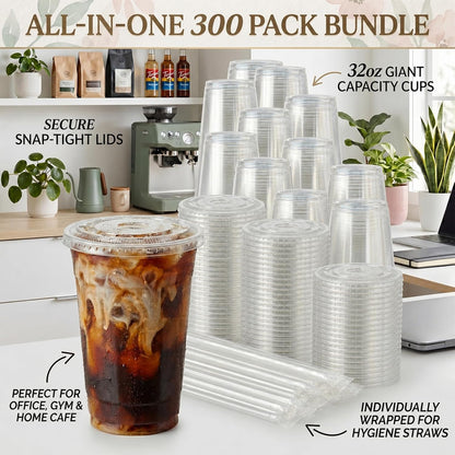 16 OZ Plastic Cups with Lids and Straws, 25 Clear Disposable Coffee Cups With Lids 16 OZ Disposable Cold Brew Cup for Parfait, Bubble Tea, Smoothies