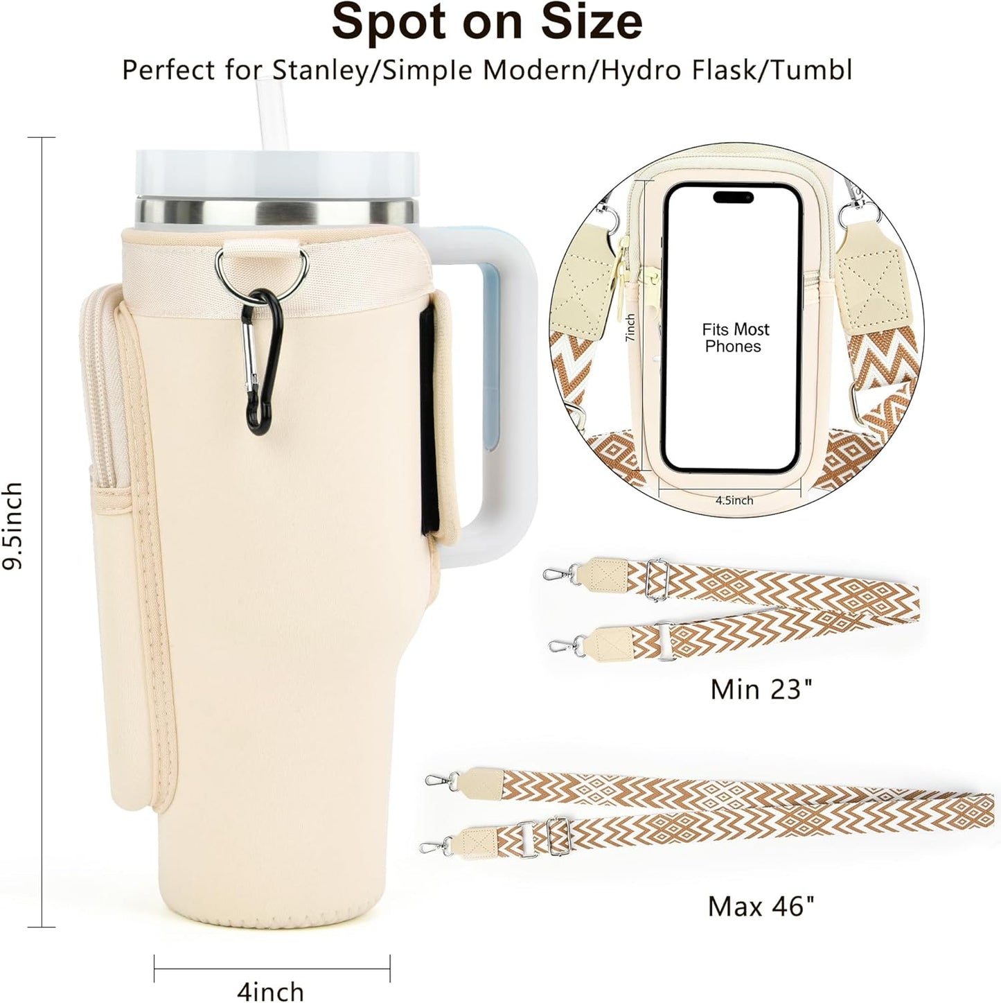 LOKASS Personalized Water Bottle Holder with Strap for Stanley Cup Accessories 40 oz, Initial for Stanley Cup Holder Carrier Bag with Phone Pocket, Stylish Tumbler Accessories for Daily Use Hands-Free