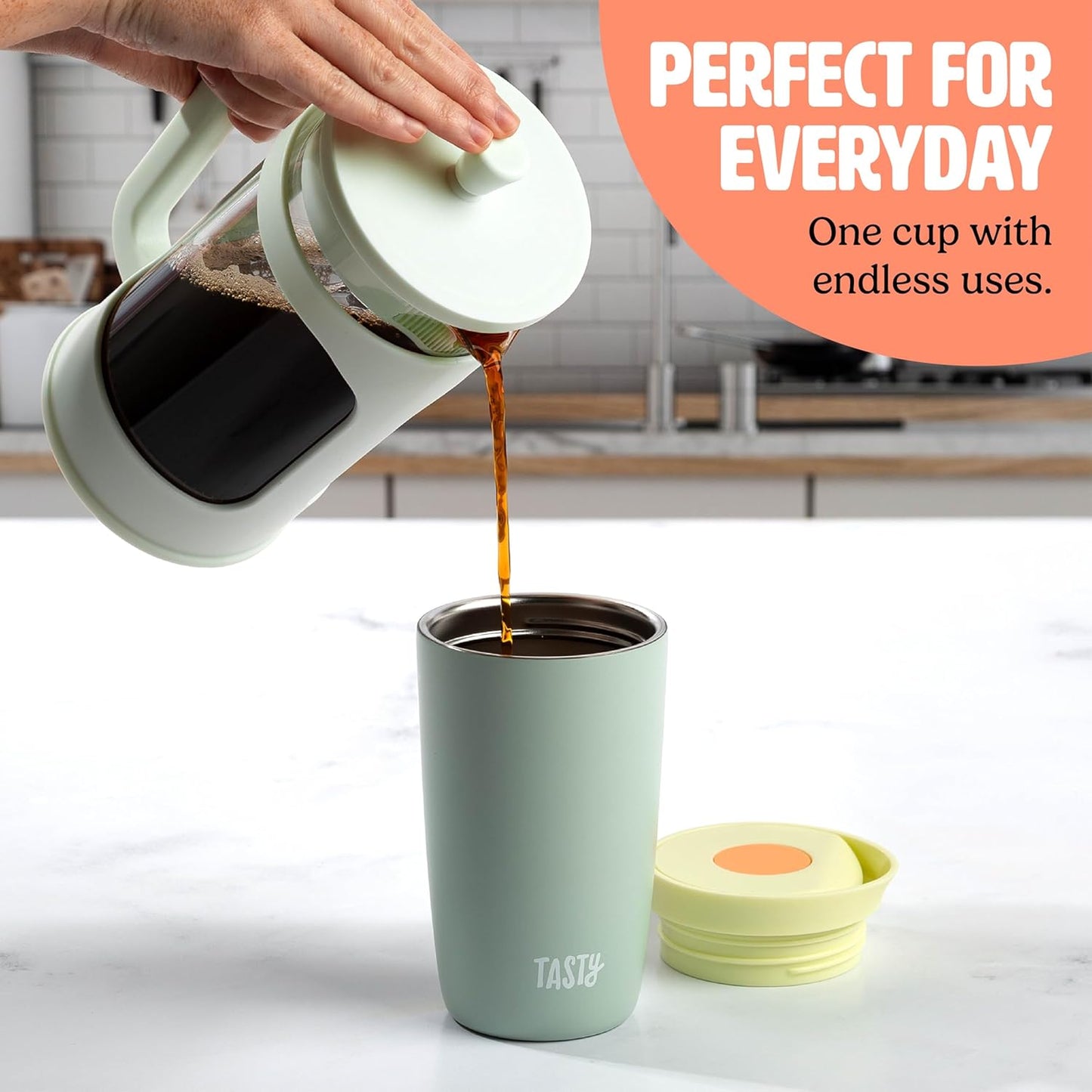 Tasty 12oz Insulated Stainless Steel Push Mug, Leak-Proof Lid with One-Hand Open/Close Button, Travel Coffee Cup, Double Wall Vacuum Flask, Aqua Blue