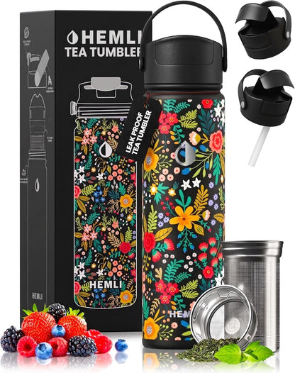 22 oz Ceramic Lined Tea Infuser Travel Tumbler, Micro-Mesh Stainless Steel Infuser, Pure Taste Ceramic Interior, Triple Insulated 12hr Hot Cold, Dual Sip & Straw Lid, Scratch-Resistant