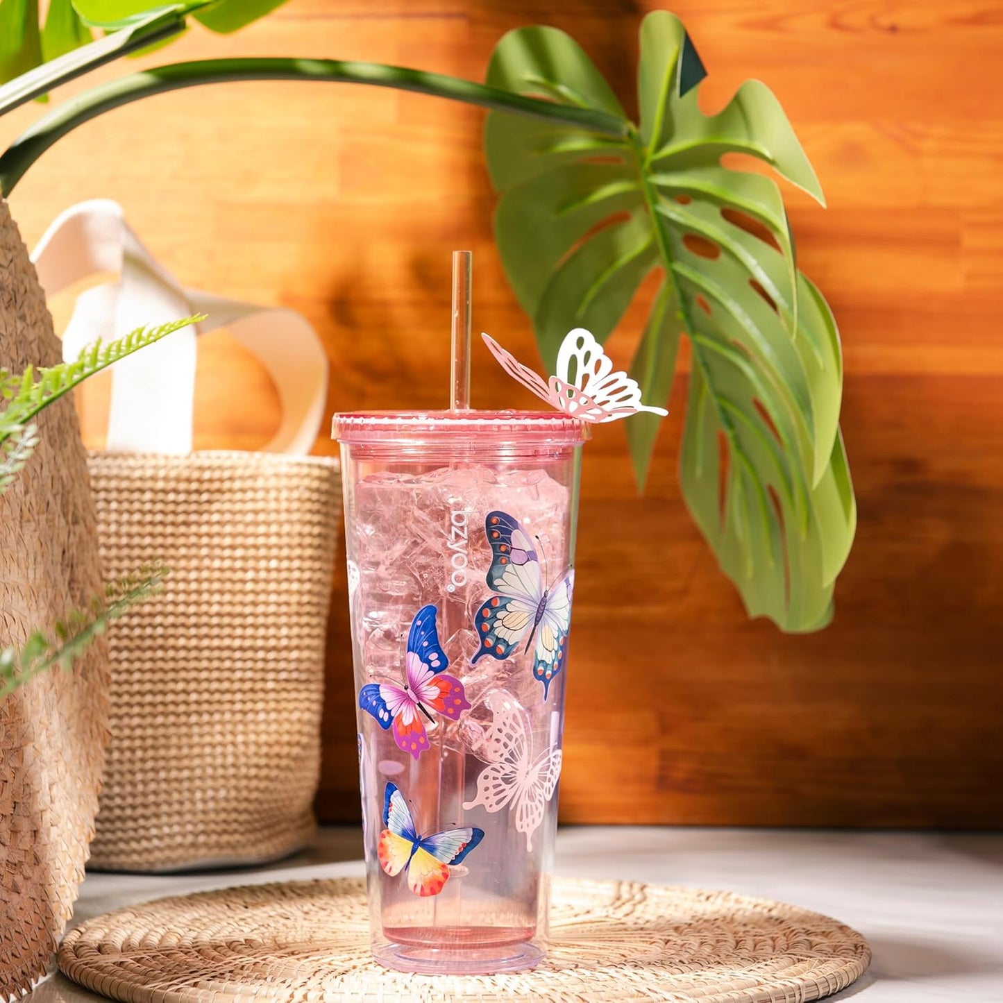 bzyoo SIP 24oz (710ml) Double Wall Plastic Tumbler with Lid and Straw Cold Drink Travel Mug Reusable Party Cup Perfect for Office Ice Coffee or Tea and Gift Color: Pink & Purple