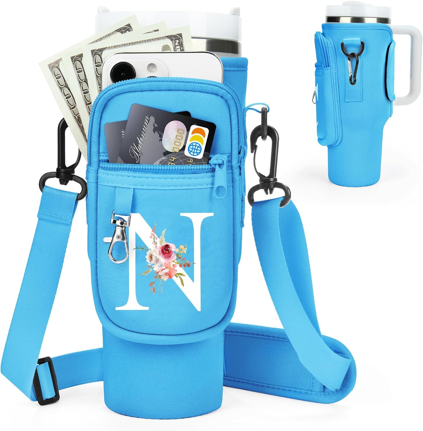Initial Water Bottle Holder with Strap for Stanley Cup Accessories 40 oz/Simple Modern Tumbler, Birthdays for Women Girls, Water Bottle Carrier Bag with Phone Pocket,Hiking Walking Gym Camping