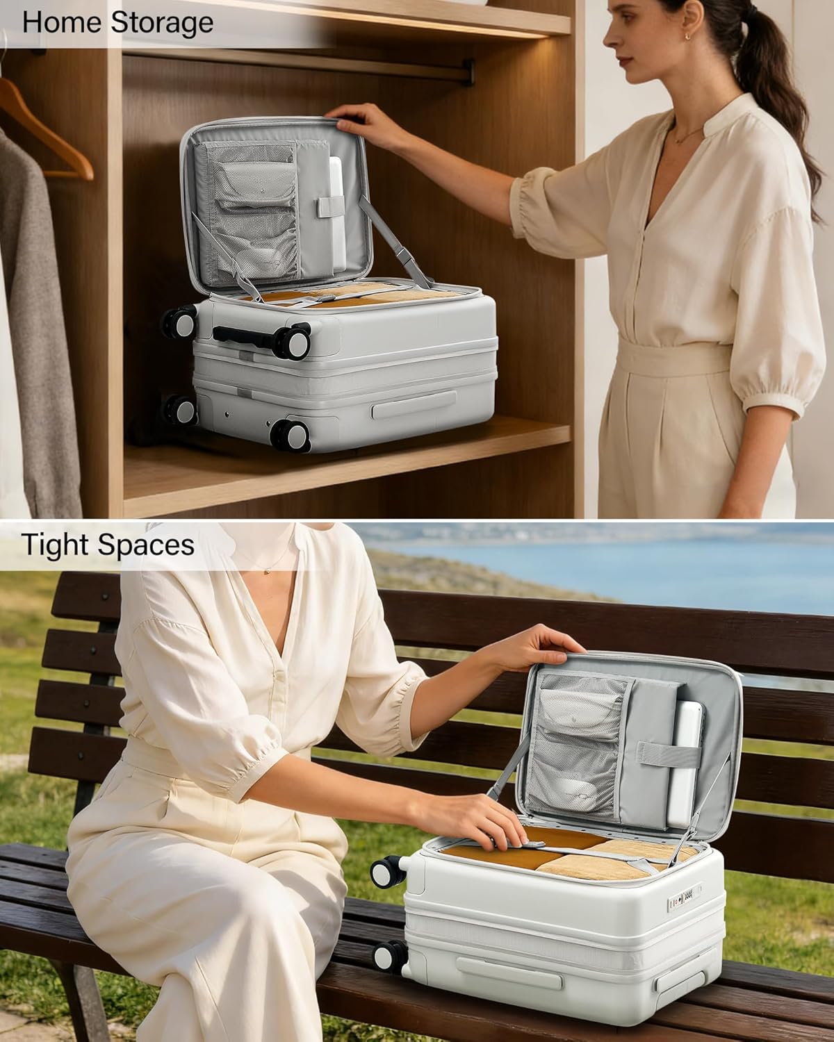 Hanke 20 Inch Expandable Carry On Luggage with Cup Holder 22x14x9 Airline Approved, Top Opening Hard Shell Suitcases with Wheels, Carry-On Travel Suitcase Trunk Luggage with Lock, Smoke White