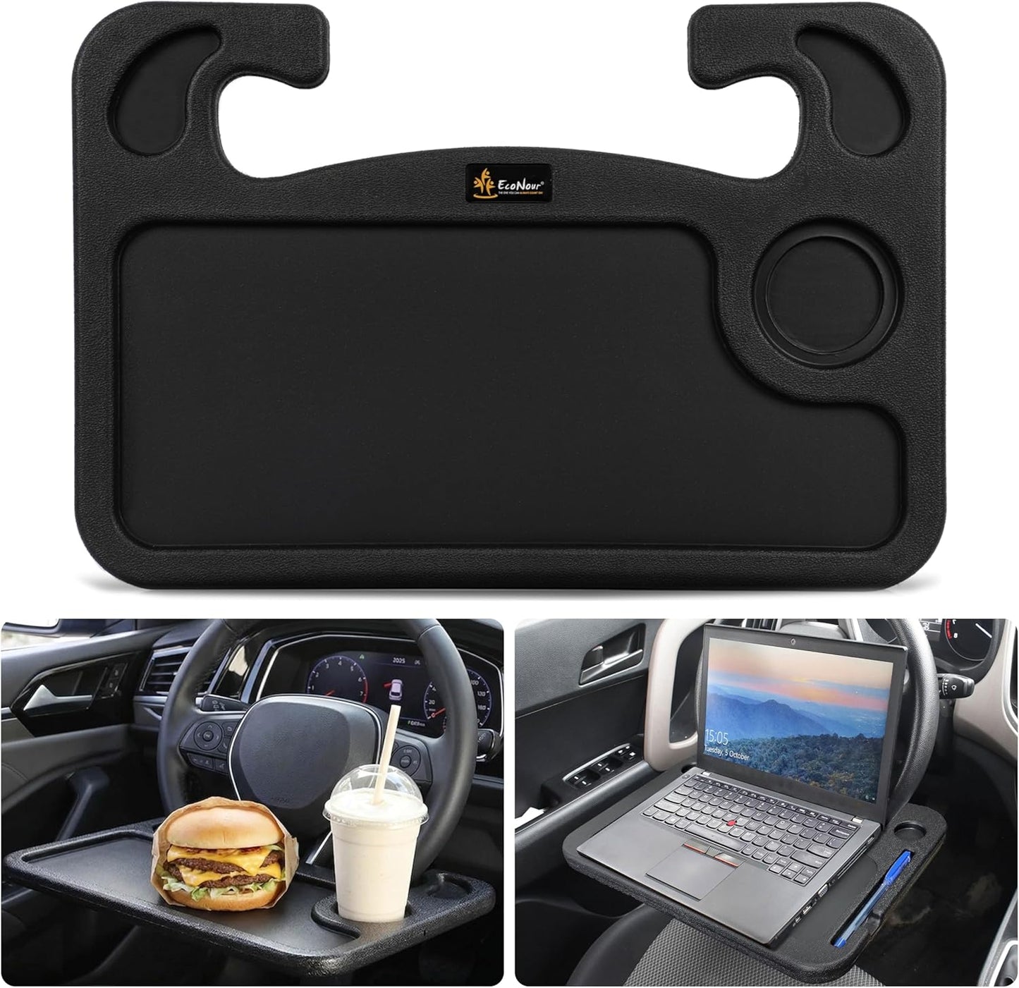 EcoNour 2 in 1 Car Steering Wheel Desk | Tray for Laptop Car Mount with Pen Holder | Desk Console for Car | Food Tray for Eating with Drinks Holder | Multipurpose Travel Car Accessories