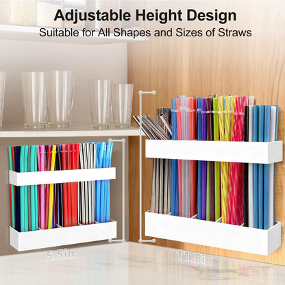 9.5” Large Acrylic Straw Holder for Cabinet Door, Reusable Adjustable Two-Part Straws Organizer with Ultra Sticky Adhesive Strips, 2026 Straw Storage for Kitchen Cupboard (Transparent)