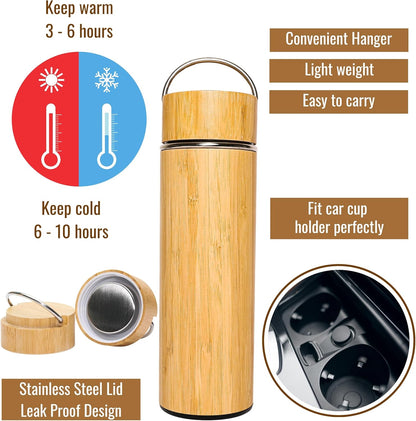 Bamboo Water Bottle Insulated Tea Tumbler for Men Birthday Gift, Women Travel Tea Set with Diffuser for Loose Tea Leaves, Stainless Steel Leak Proof Gift for Mom (15 oz)