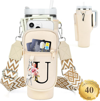 LOKASS Personalized Water Bottle Holder with Strap for Stanley Cup Accessories 40 oz, Initial for Stanley Cup Holder Carrier Bag with Phone Pocket, Stylish Tumbler Accessories for Daily Use Hands-Free