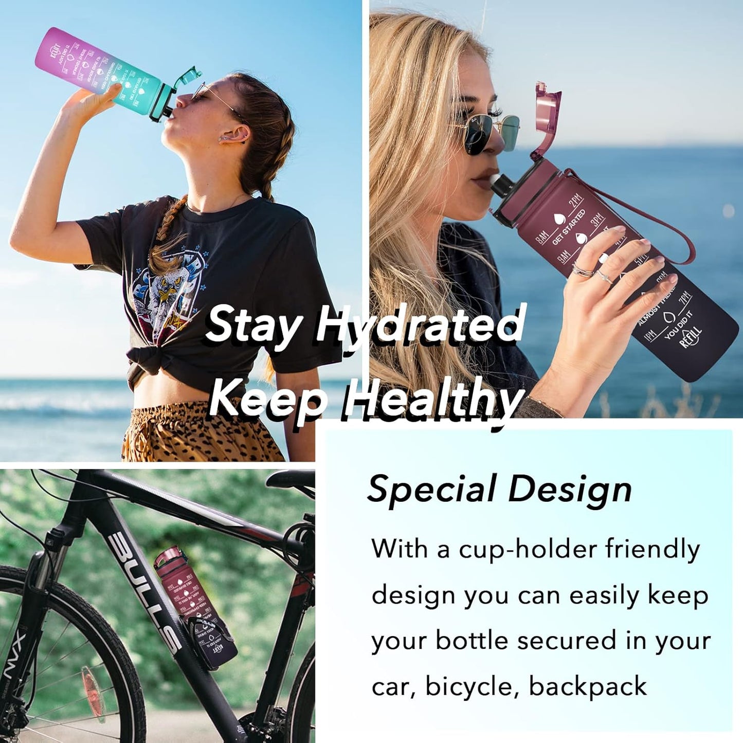 Enerbone Water Bottle, Leakproof BPA & Toxic Free, Motivational Water Bottle with Times to Drink and Straw, Fitness Sports Water Bottle with Strap for Office, Gym, Outdoor Sports