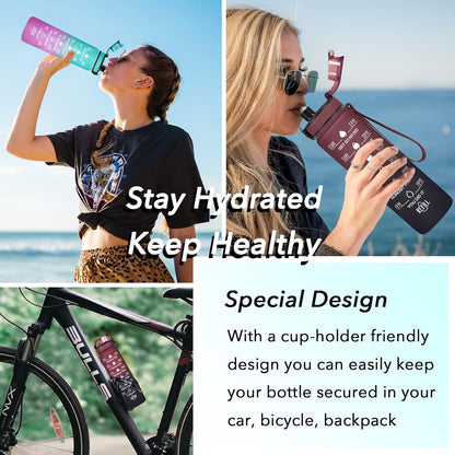 Enerbone Water Bottle, Leakproof BPA & Toxic Free, Motivational Water Bottle with Times to Drink and Straw, Fitness Sports Water Bottle with Strap for Office, Gym, Outdoor Sports