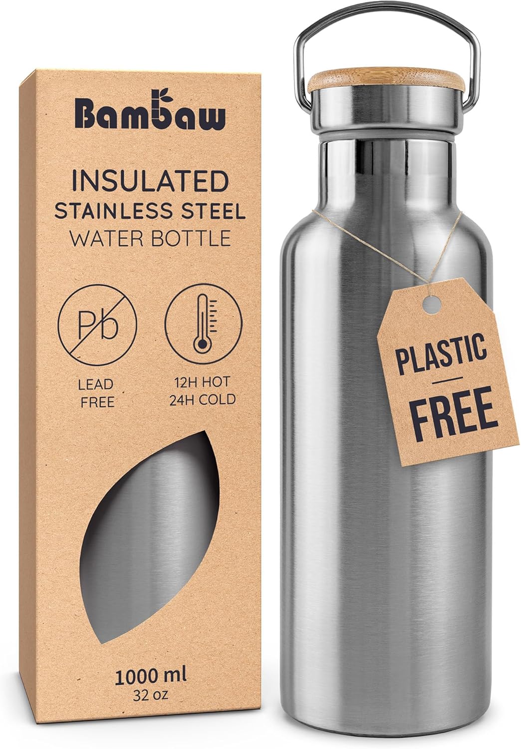 Bambaw 24 oz Stainless Steel Water Bottle, Insulated Metal Water Bottle Wide Mouth, Great for Hiking & Travel, With Handle Easy to Carry, Rust-Resistant & Durable (Aegean Blue)