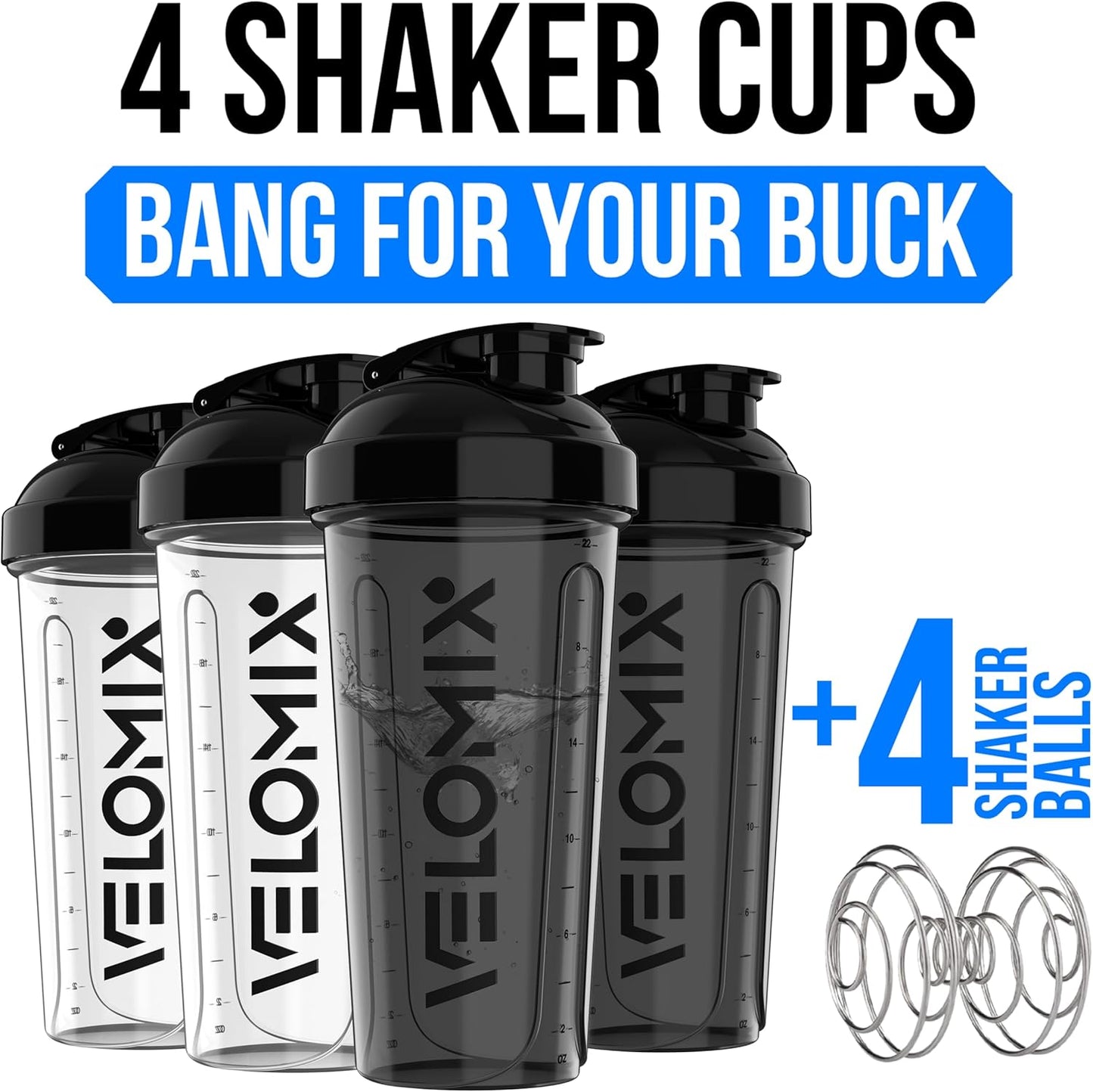 VELOMIX -4 Pack- 28 oz Protein Shaker Bottles for Protein Mixes - 4x Wire Whisk | Leak Proof Shaker Cups for Protein Shakes | Stackable Protein Shaker Bottle Pack (A1) Silver Aurora