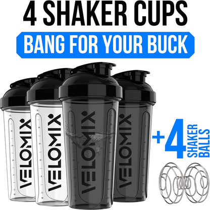 VELOMIX -4 Pack- 28 oz Protein Shaker Bottles for Protein Mixes - 4x Wire Whisk | Leak Proof Shaker Cups for Protein Shakes | Stackable Protein Shaker Bottle Pack (A1) Silver Aurora