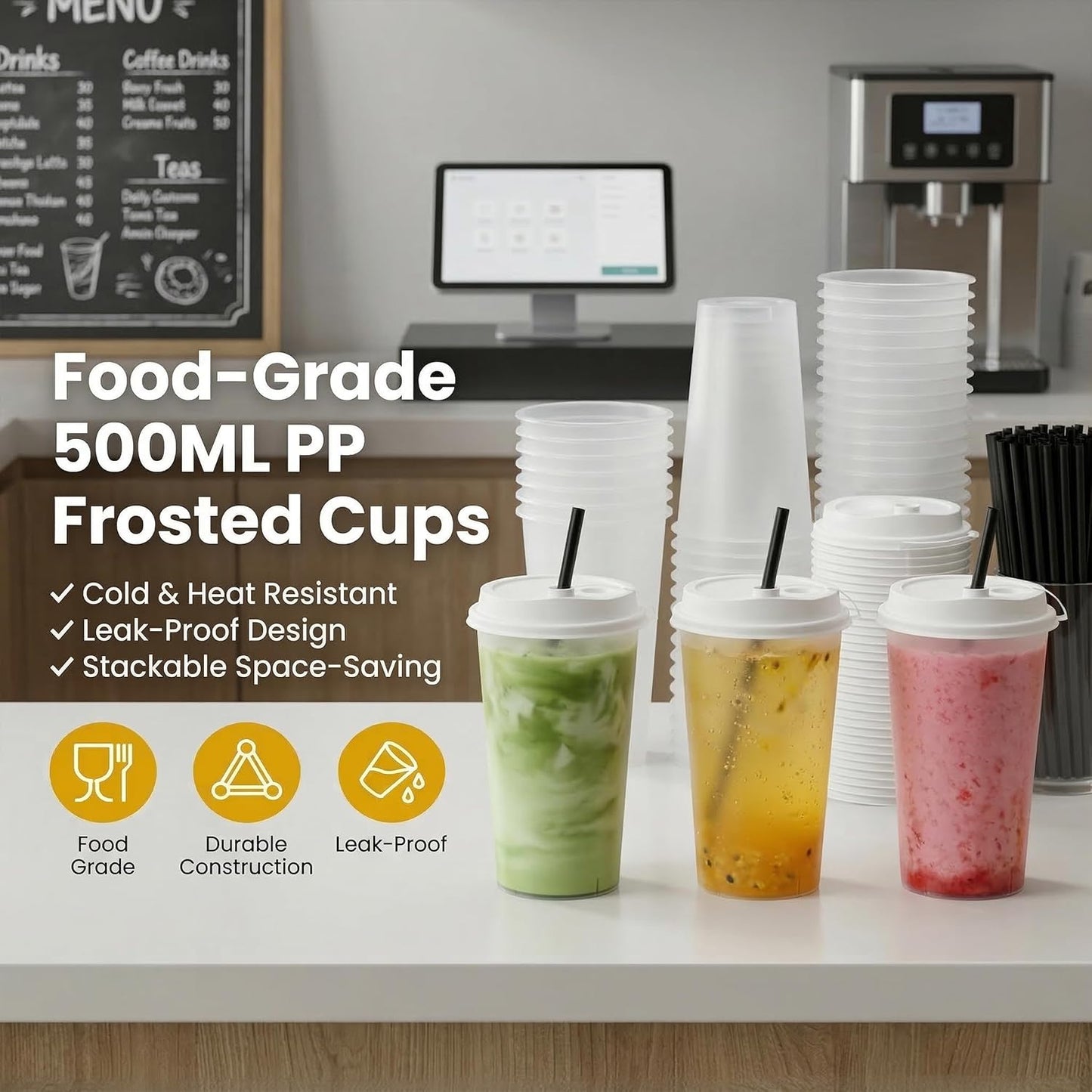 100 Sets Bulk Frosted Disposable Hard Plastic Cups With Straws Lids,90mm Disposable Bubble Boba Milk Tea ToGo Cups Cold Hot Plastic coffee Boba Tea Business TakeAway Supplies (16, ounces)