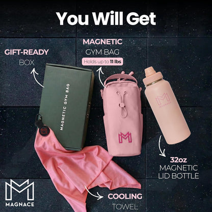 MAGNACE Magnetic Gym Bag Bundle, 3-in-1 Set with Water Bottle Holder, Magnetic Pouch, Towel & Sling Bag – For Men & Women