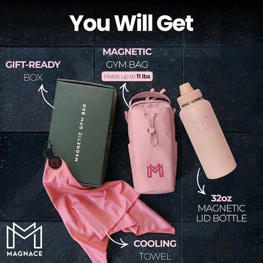 MAGNACE Magnetic Gym Bag Bundle, 3-in-1 Set with Water Bottle Holder, Magnetic Pouch, Towel & Sling Bag – For Men & Women