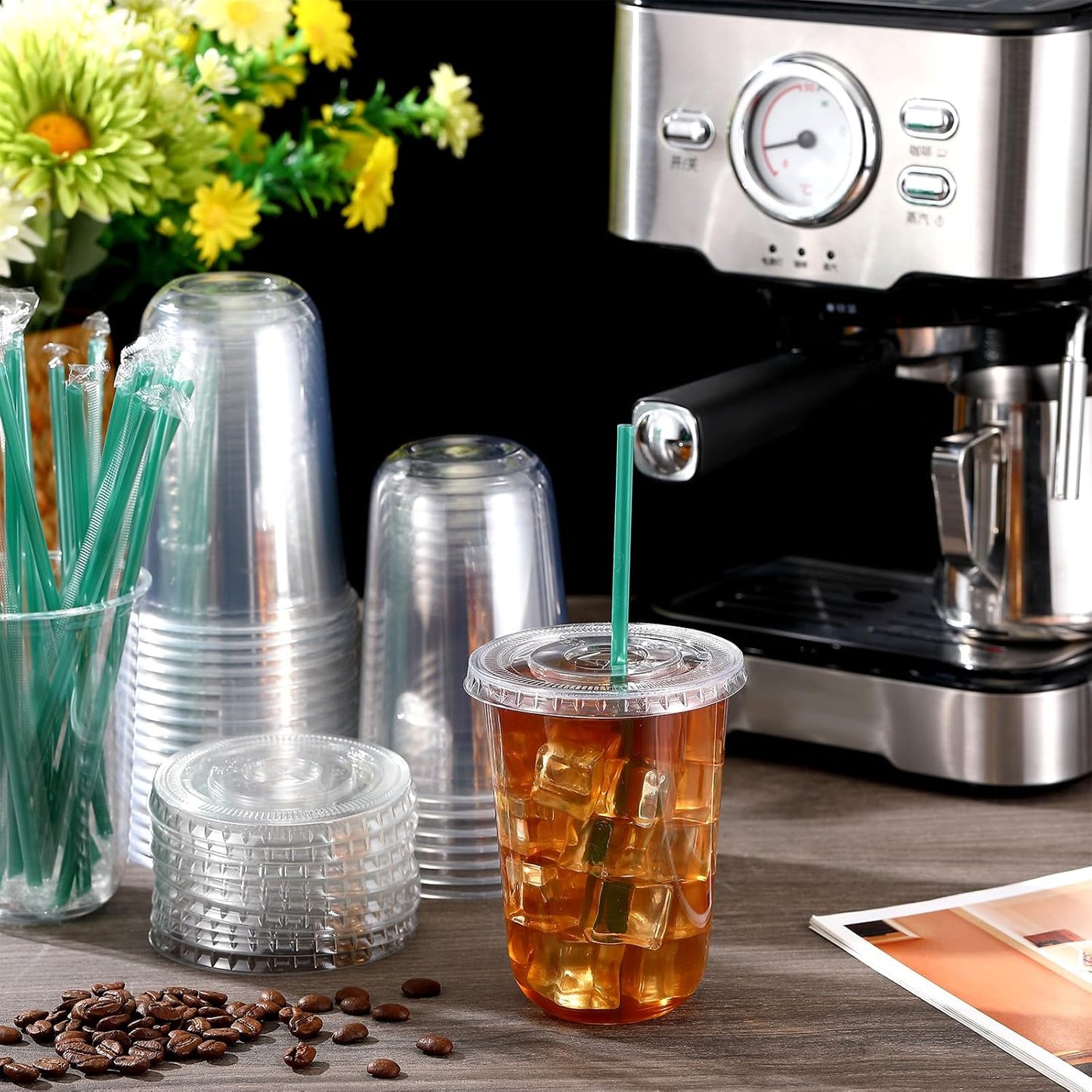 Baderke 25 Set Plastic Cups with Lids and Straws, Disposable Plastic Iced Coffee Cup for Cold Beverage Juice Smoothie Crystal for Coffee Shops Party Catering(Clear,16 oz)