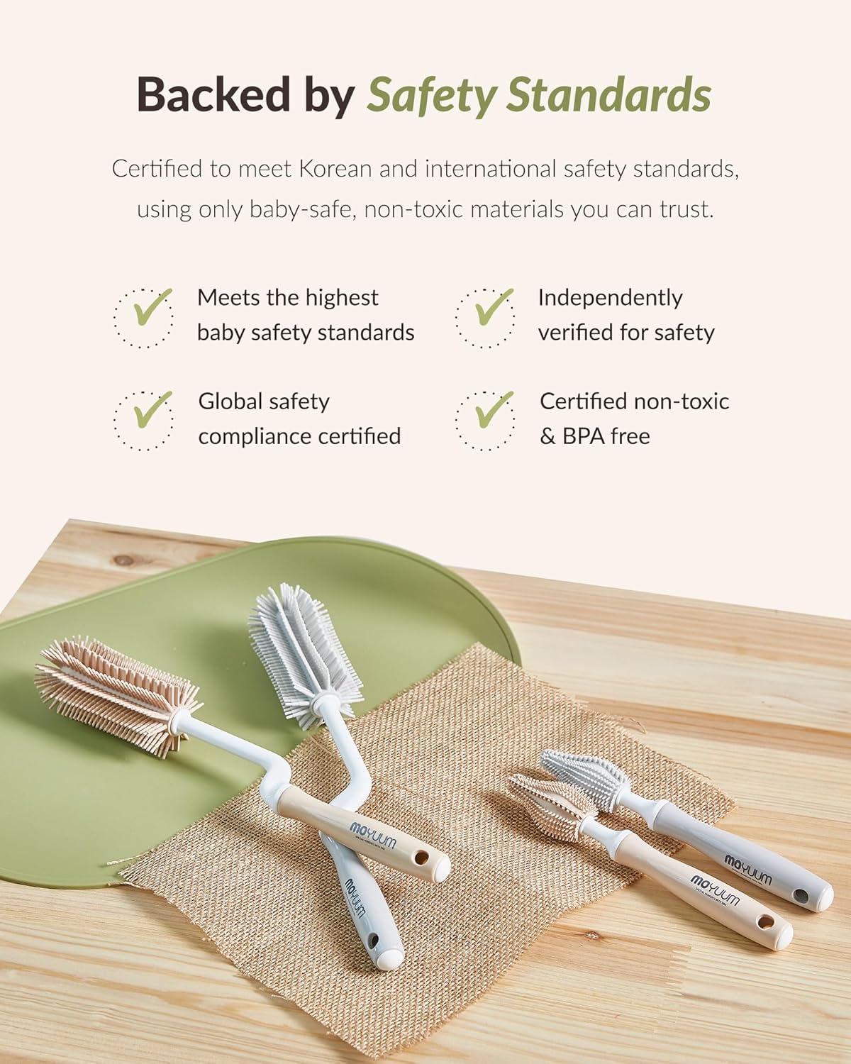 Moyuum Silicone Baby Bottle and Nipple Brush Set | Made in Korea, 360 Degree Rotating Handle, Soft Bristles, Hanging Hole for Quick Drying and Storage, Dishwasher Safe (Cool Grey)