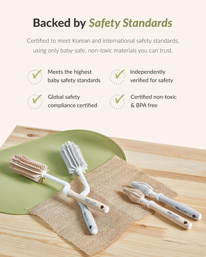 Moyuum Silicone Baby Bottle and Nipple Brush Set | Made in Korea, 360 Degree Rotating Handle, Soft Bristles, Hanging Hole for Quick Drying and Storage, Dishwasher Safe (Cool Grey)