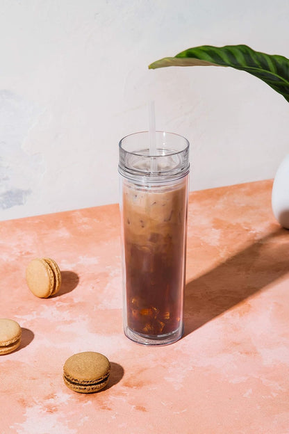 Maars Skinny Clear Tumbler with Lid and Straw | 16oz Premium Acrylic, Insulated Double Wall Plastic Reusable Water Cups, BPA-Free To Go Cups for Iced Coffee, Juice & Ice Tea