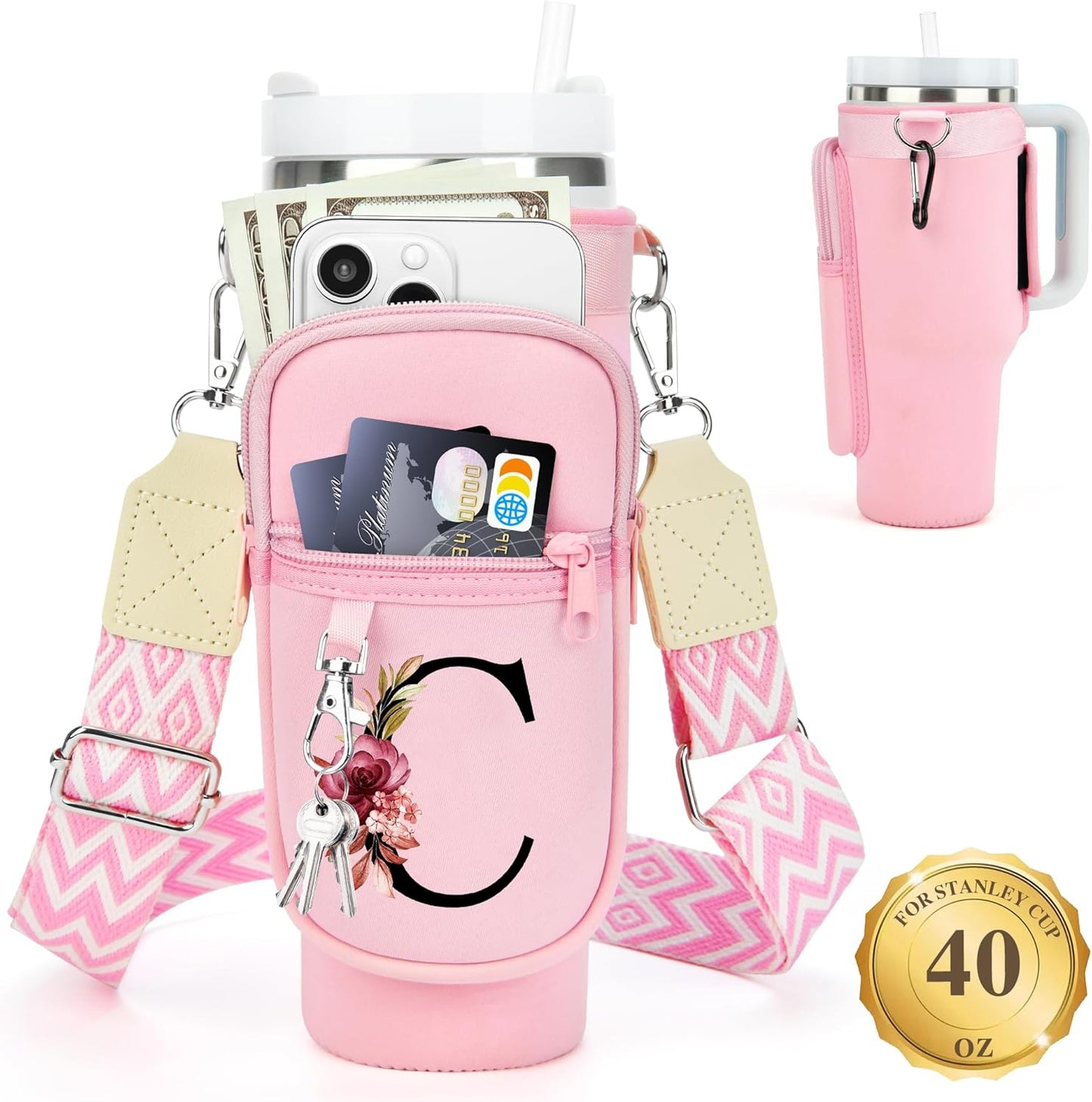 LOKASS Personalized Water Bottle Holder with Strap for Stanley Cup Accessories 40 oz, Initial for Stanley Cup Holder Carrier Bag with Phone Pocket, Stylish Tumbler Accessories for Daily Use Hands-Free