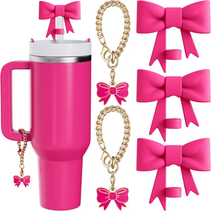 Compatible with Stanley Cup Accessories - 3Pcs 10mm Bow Straw Topper Compatible with Stanley Cup Straw Cover Cap, 2pcs Pink Bow Charms for Stanley 30&40 Oz Tumbler with Handle