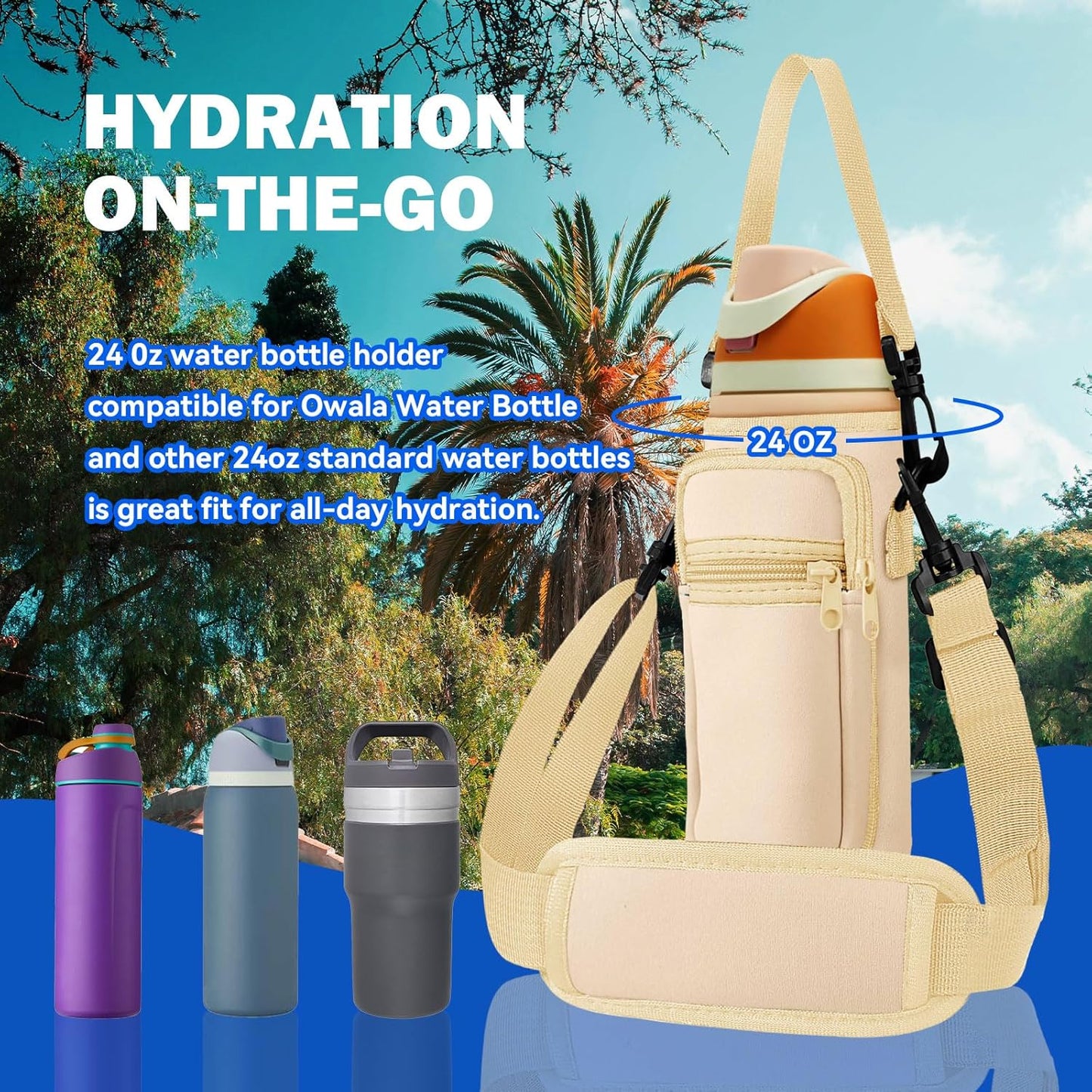 Neoprene Water Bottle Holder Bag with Cell Phone Pocket Compatible with Owala FreeSip 24 oz，Water Bottle Carrying Bag ，with Adjustable Shoulder Strap,for 24oz Stainless Steel Water Bottle
