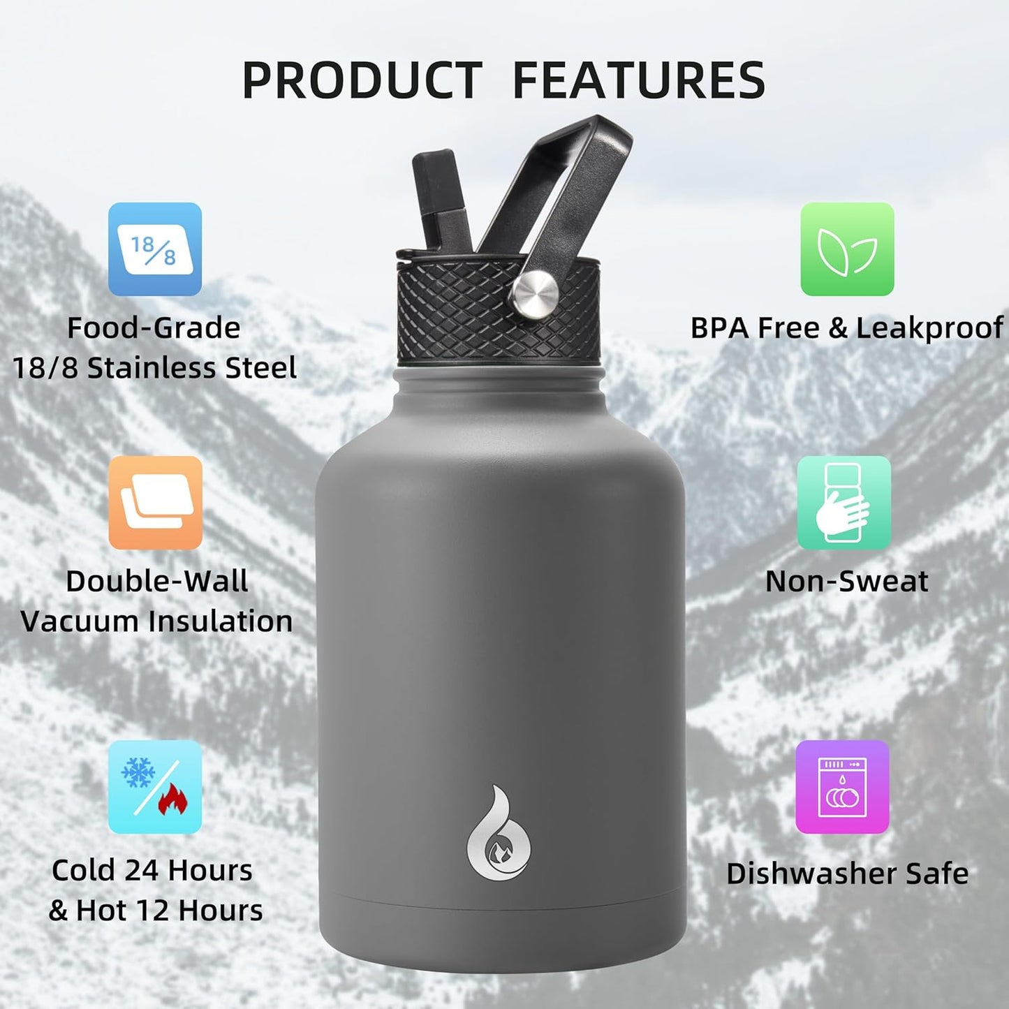 BJPKPK Insulated Water Bottles with Straw Lid, 40oz Stainless Steel Water Bottles with 3 Lids, BPA Free Leakproof Thermo, Tumblers, Cups for Sports, Gym- Midnight - Colors A