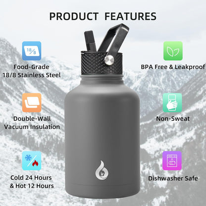 BJPKPK Insulated Water Bottles with Straw Lid, 40oz Stainless Steel Water Bottles with 3 Lids, BPA Free Leakproof Thermo, Tumblers, Cups for Sports, Gym- Midnight - Colors A