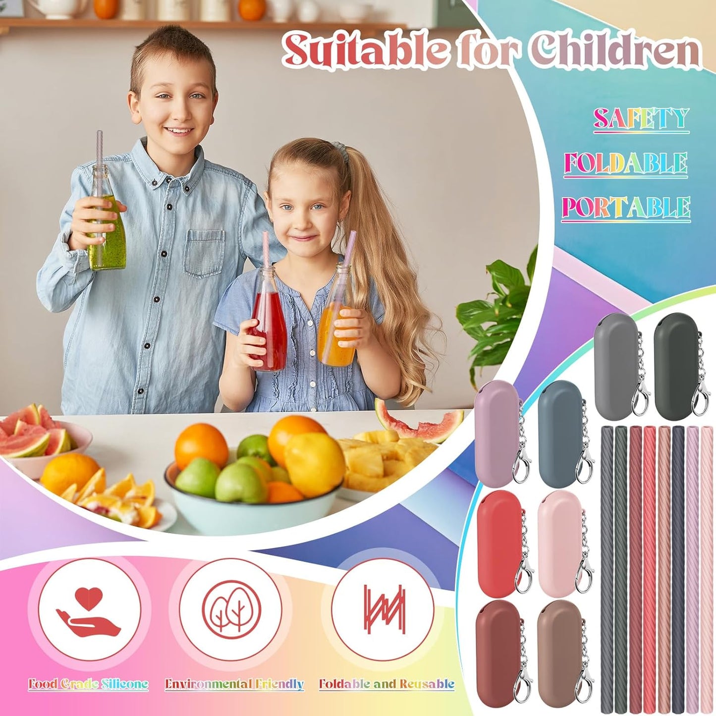 Meanplan 8 Set Cruise Ship Essentials,Silicone Straws with Case Reusable Foldable Portable Drinking Straw for Party Travel Cold or Hot with Carry Case and Cleaning Brushes (Rainbow Colors)