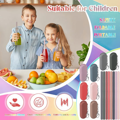 Meanplan 8 Set Cruise Ship Essentials,Silicone Straws with Case Reusable Foldable Portable Drinking Straw for Party Travel Cold or Hot with Carry Case and Cleaning Brushes (Rainbow Colors)