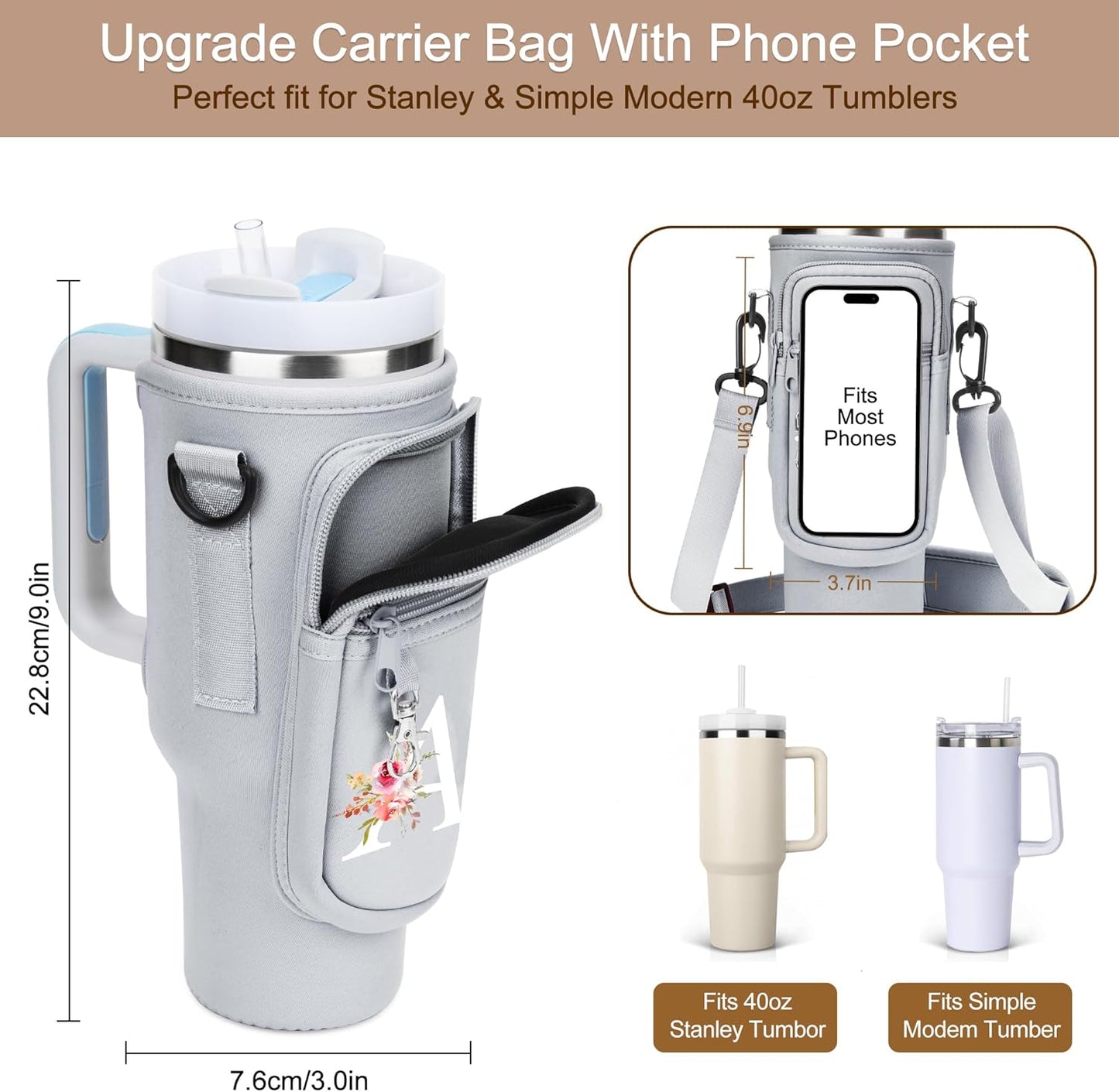 Initial Water Bottle Holder with Strap for Stanley Cup Accessories 40 oz/Simple Modern Tumbler, Birthdays for Women Girls, Water Bottle Carrier Bag with Phone Pocket,Hiking Walking Gym Camping