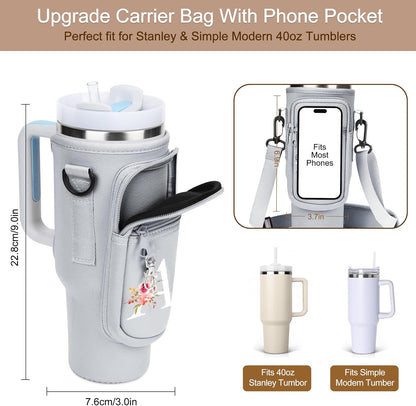 Initial Water Bottle Holder with Strap for Stanley Cup Accessories 40 oz/Simple Modern Tumbler, Birthdays for Women Girls, Water Bottle Carrier Bag with Phone Pocket,Hiking Walking Gym Camping