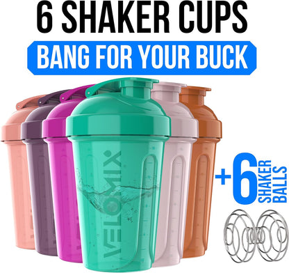 VELOMIX -6 PACK- 20 oz Protein Shaker Bottle for Protein Mixes - 6x Wire Whisk | Leak Proof Shaker Cups for Protein Shakes | Stackable Protein Shaker Bottle Pack | Dishwasher Safe (Pastel Shades)