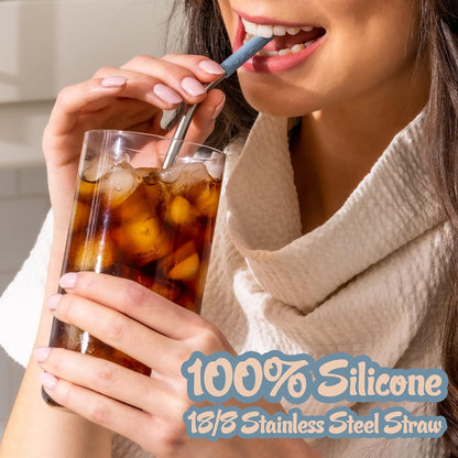 Softy Straws Premium Reusable Stainless Steel Drinking Straws With Silicone Tips + Patented Straw Cleaners and Carrying Case - 9” Long Metal With Curved Bend for 20/30/32oz Tumblers