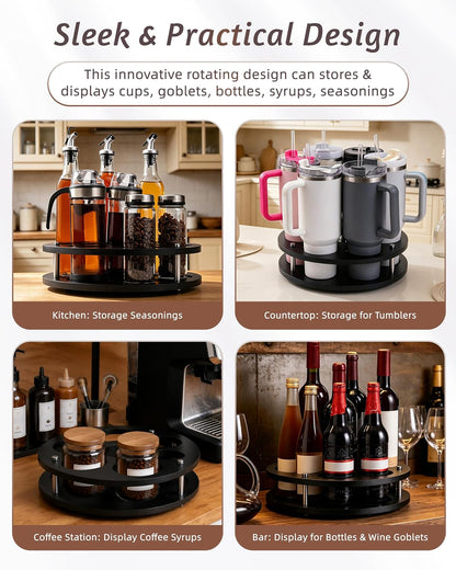 Rotating Wood Tumbler Organizer, 30 oz 40 oz Spinning Turnable Tumblers Holder, 360° Rotatable 7 Large Cups Bottle Tumbler Storage Display Stand, Rotate Syrup Organizer for Cabinet Countertop
